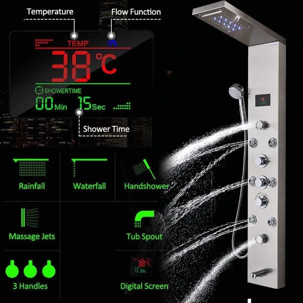 6-in-1 douchepaneel van geborsteld nikkel met LED, verstelbare jets, waterval, handheld en badkuipuitloop
