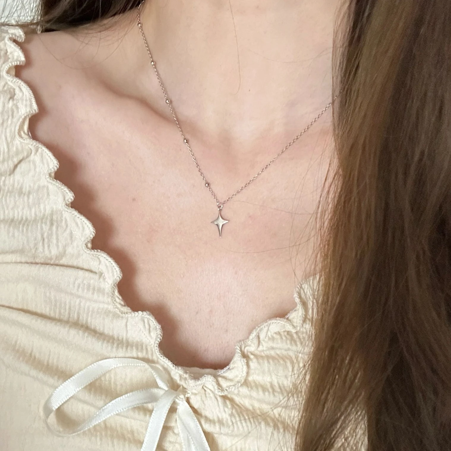 Simple Four-pointed Star Pendant Necklace for Women Temperament Trend Silver Color Stainless Steel Cross Chokers Y2k Jewelry