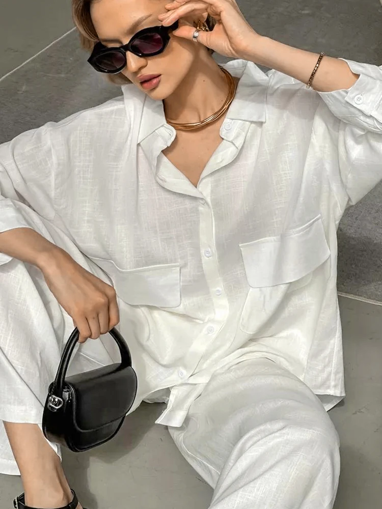 Linad White Pajamas For Women 2 Piece Sets Loose Long Sleeve Homewear Female Fashion Trouser Suits Autumn Casual Sleepwear