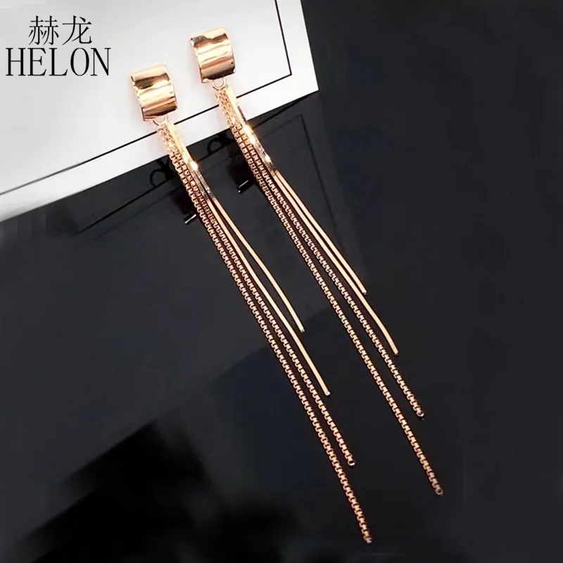 HELON Solid 18K Rose Gold Earrings Fine Jewelry AU750 Geometric Drop Dangle Earrings Chain Tassel Drop Earring Women Party Gift