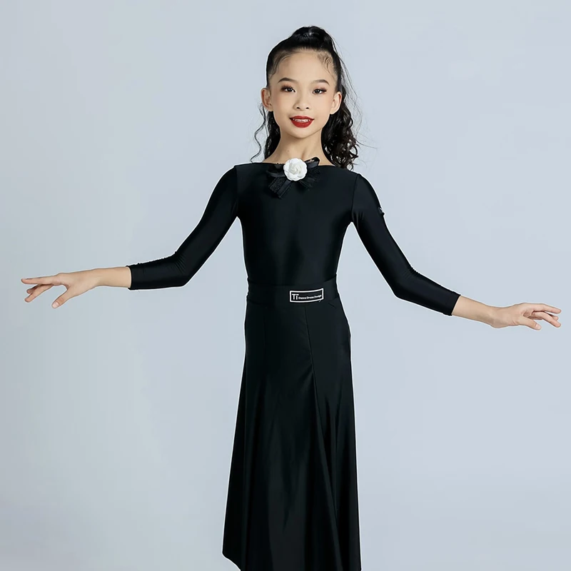 

2024 Ballroom Dance Performance Costumes For Girls Black Long Sleeved Tops Big Swing Skirt Suit Latin Modern Dance Wear DN17342