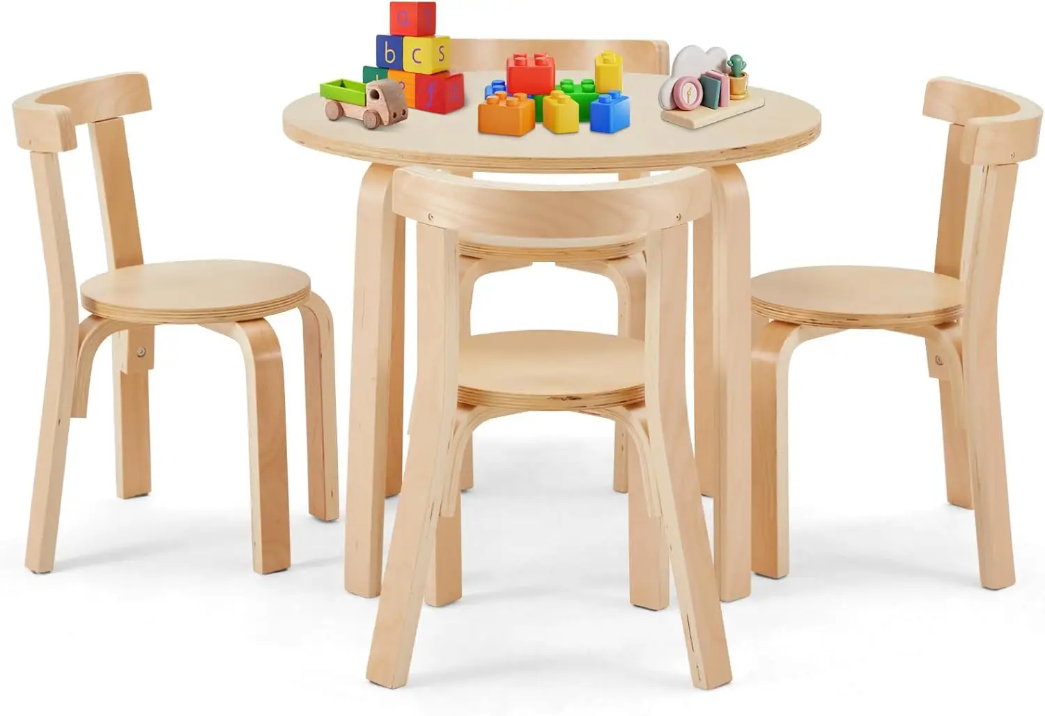 Kids Table And 4 Chairs Set - Round Table And Chair Set For Children, En71 Certified, Birch Veneer - Wooden Dining Play Set For