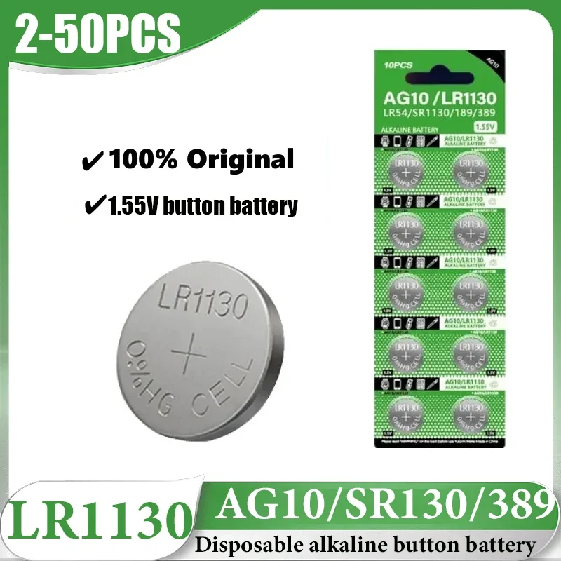 2-50PCS AG10 SR1130 LR1130 189 button battery 389 LR54 L1131 389A 1.5V alkaline button battery watch toy remote control battery