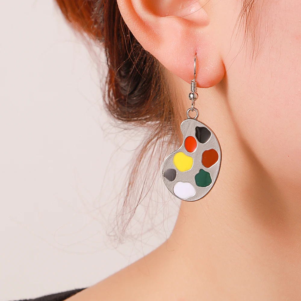 Trendy Enamel Asymmetrical Color Dangle Earrings for Women Girl Artist Brush Palette Drop Earrings Painting Tool Ear Jewelry