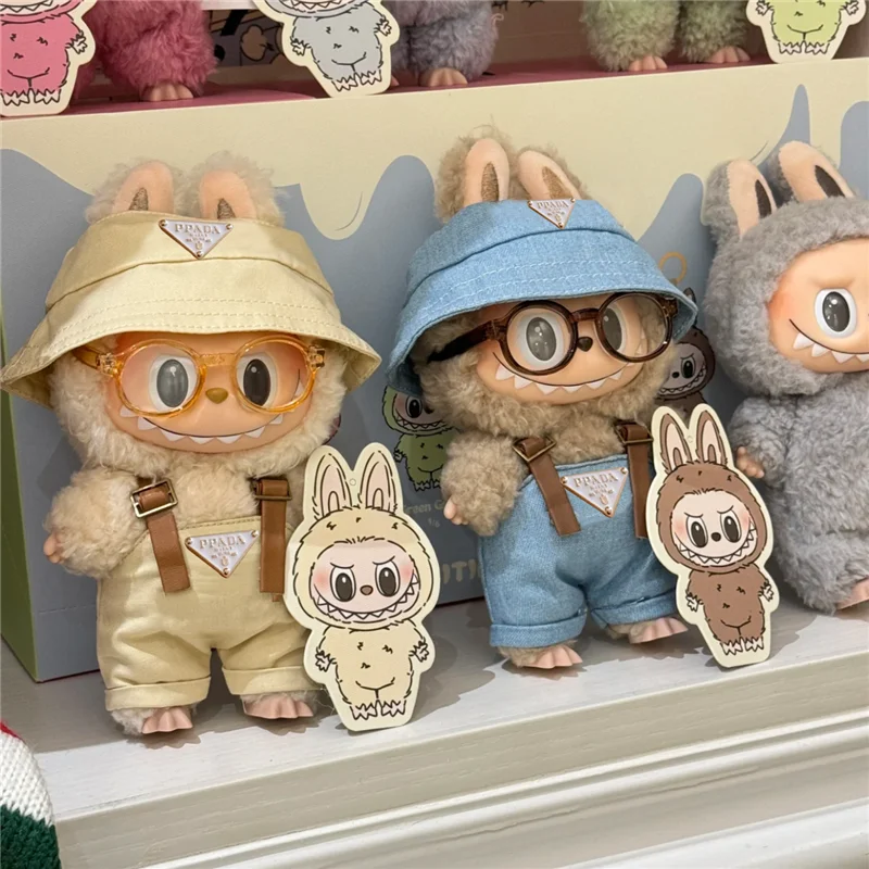 

15 17 см для мини-куклы Labubu, одежда, шляпа рыбака, комбинезон, комплект очков в стиле ретро, одежда для сидения, аксессуары для кукольного домика I II