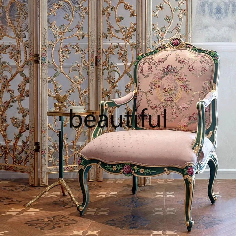 

Solid wood single sofa chair carved retro fabric villa club, negotiate armchair