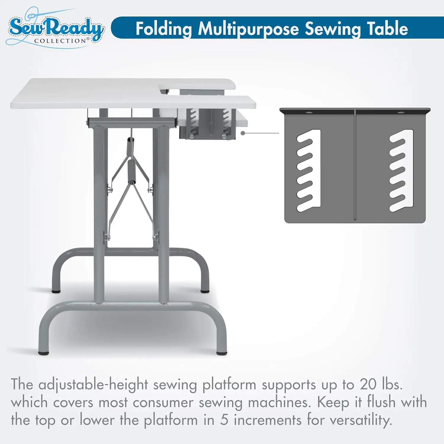 Folding Sewing Table 47.5' W x 28' D White Adjustable Shelf Multi-Use as Computer Desk