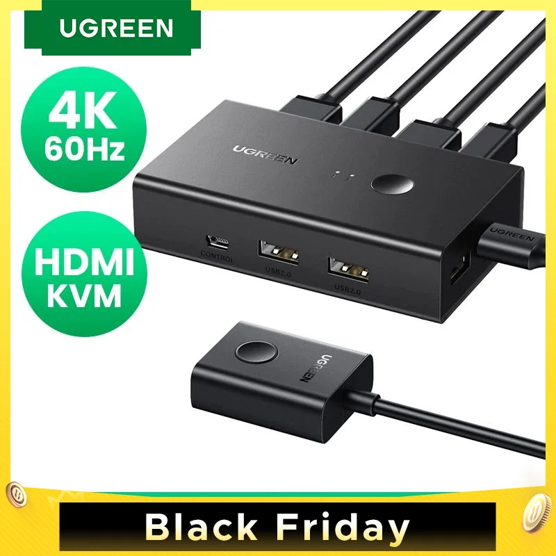 UGREEN HDMI KVM Switch 4K@60Hz USB 2.0 Switcher 2 in 1 Out for Printer Monitor Keyboard Mouse 2 PCs Sharing 1 Device Splitter