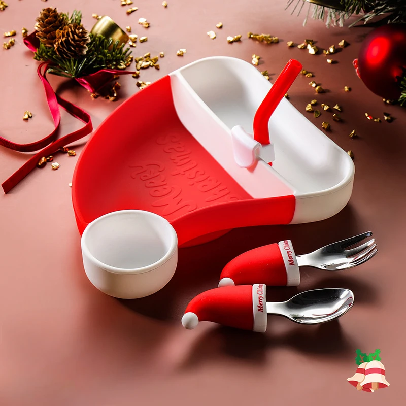 

Christmas Baby Silicone Tableware Set Children Compartmentalised Complementary Food Dinner Plate Fork Spoon Bib Suction Cup Bowl