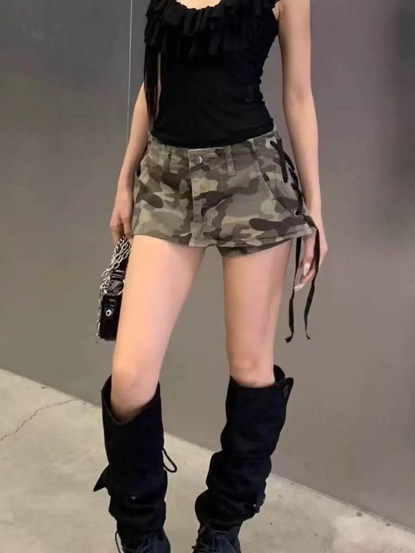 American Vibe High Street Camouflage Super Short Denim Skirt Low Waist Slimming Wide Leg Wrap around Pants Summer Hot Girl