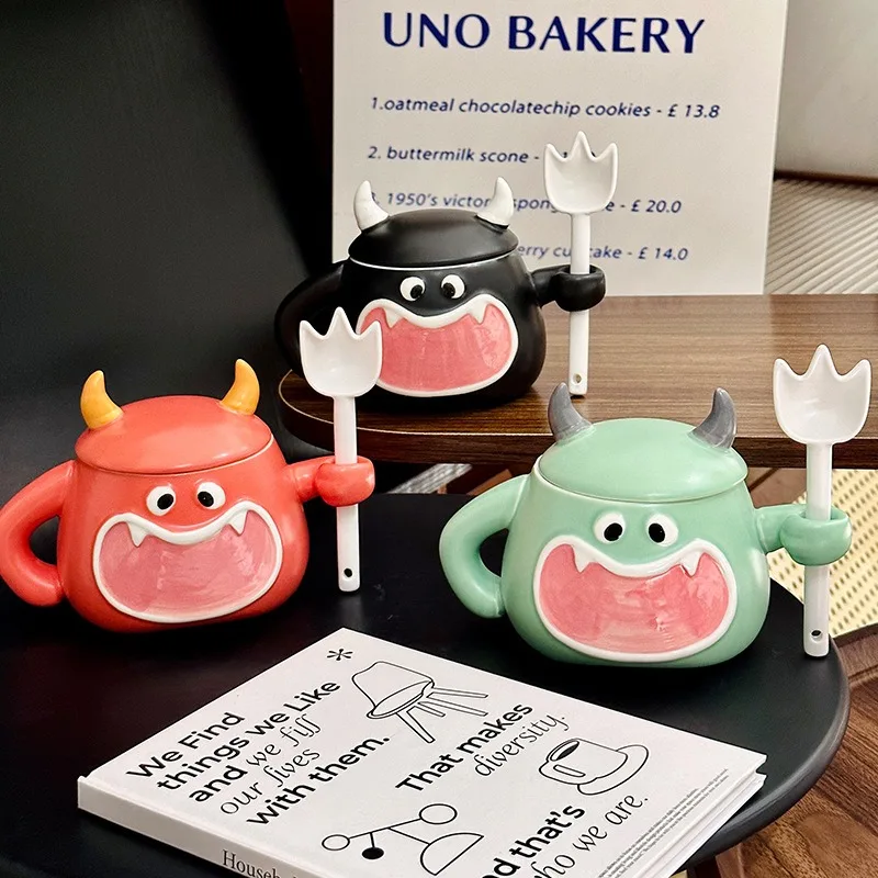 Cute Devil Cup Creative Fun Cup with Lid Spoon Home Dessert Milk Cup Stirring Office Oat Cups Halloween Couple Gift Souvenir
