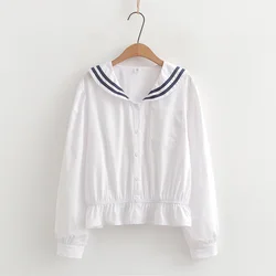 JK Style Women Japanese Navy Style White Blouses Preppy Style Long Sleeve Sailor Collar Striped Navy Shirts School Uniform Tops