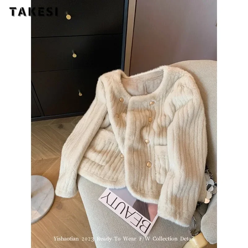 

Women Casual Luxury Long Sleeve Single Breasted Fur Top 2023 Winter Round Neck Jacket Thick Warm Pockets Solid Faux Coat