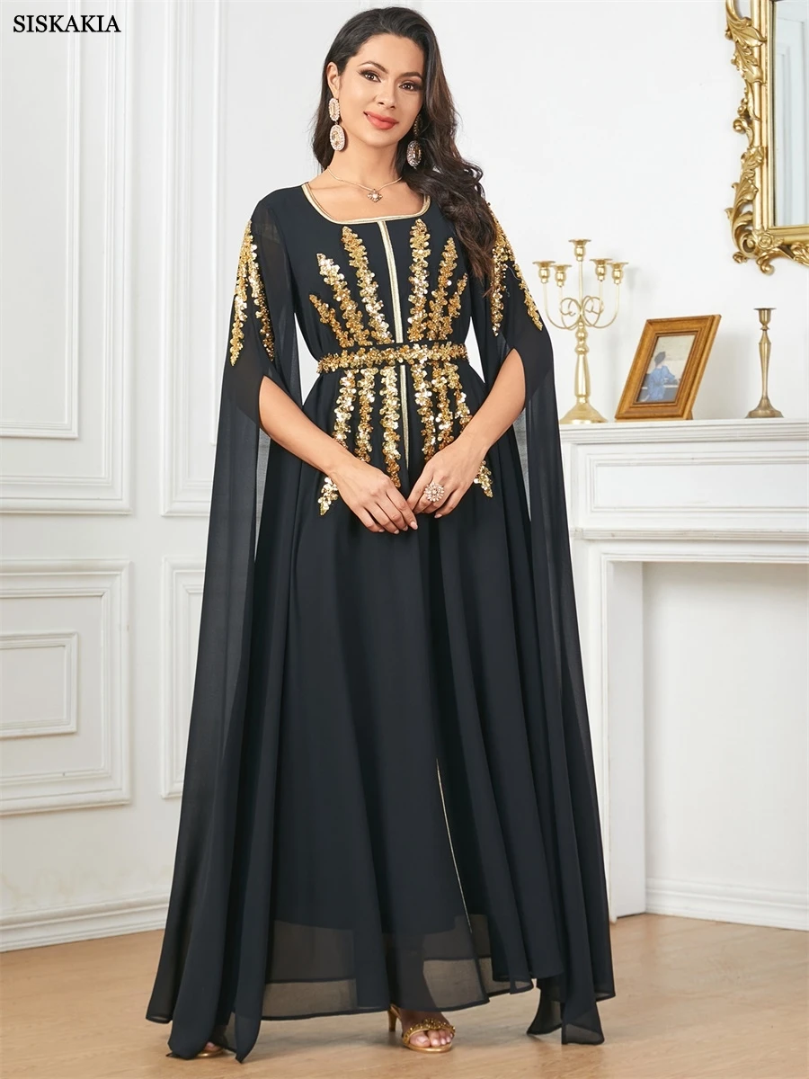 Sisakia luxe femme robe de soirée maille Super manches longues Abaya ceinture incluse paillettes Patchwork caftans femme