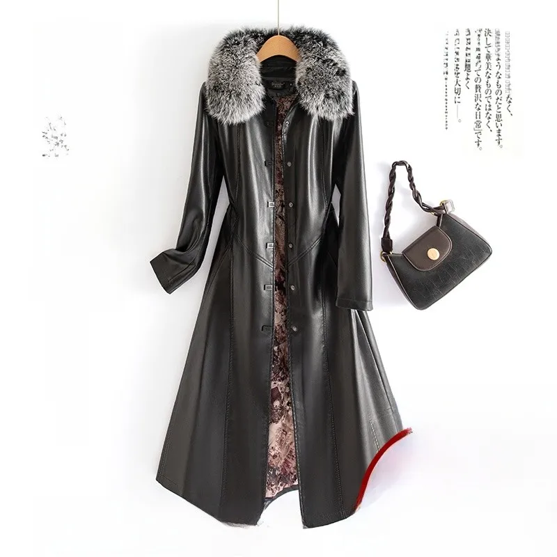 Spring Autumn New Sle Women's Slim Fit Leather Jaet  Fur Coat Long Sve Commute Sle Medium Length eepskin Coat