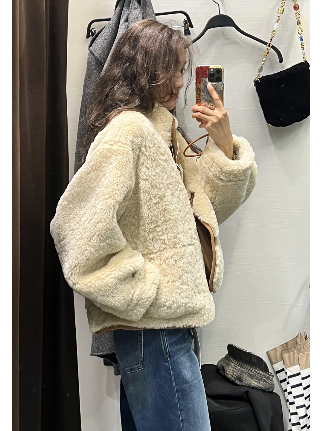 Thiened-ropa de doble cara para mujer, Jaet de piel de cordero, abrigo informal holgado y cálido de invierno, Mili Beige, terciopelo de cordero esponjoso