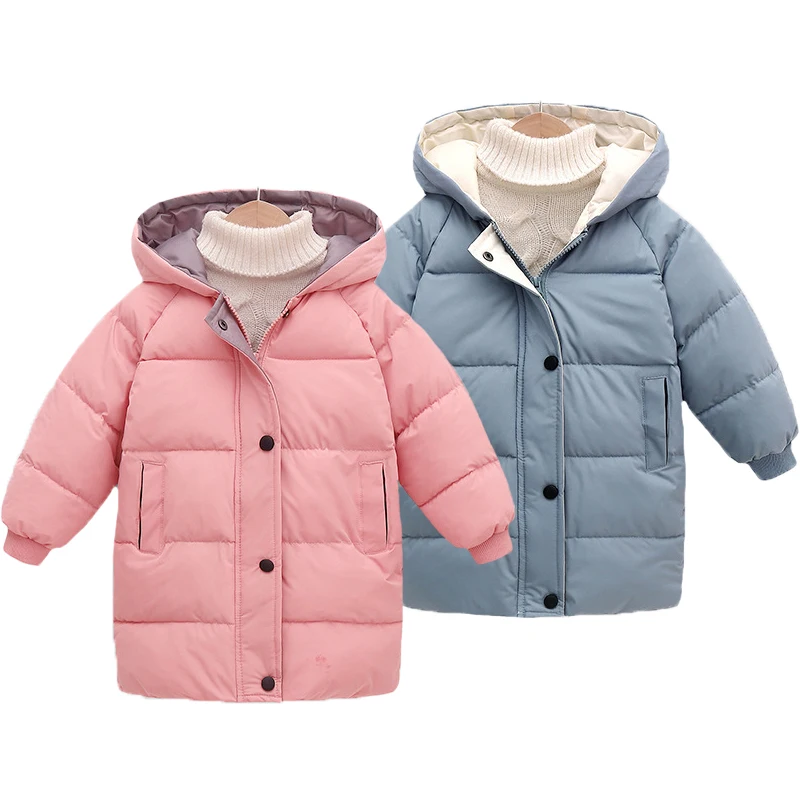 2 3 4 5 6 8 10 Years Girls Jacket Winter Long Style Solid Color Thick Keep Warm Hooded Outerwear For Boys Down Cotton Snowsuit