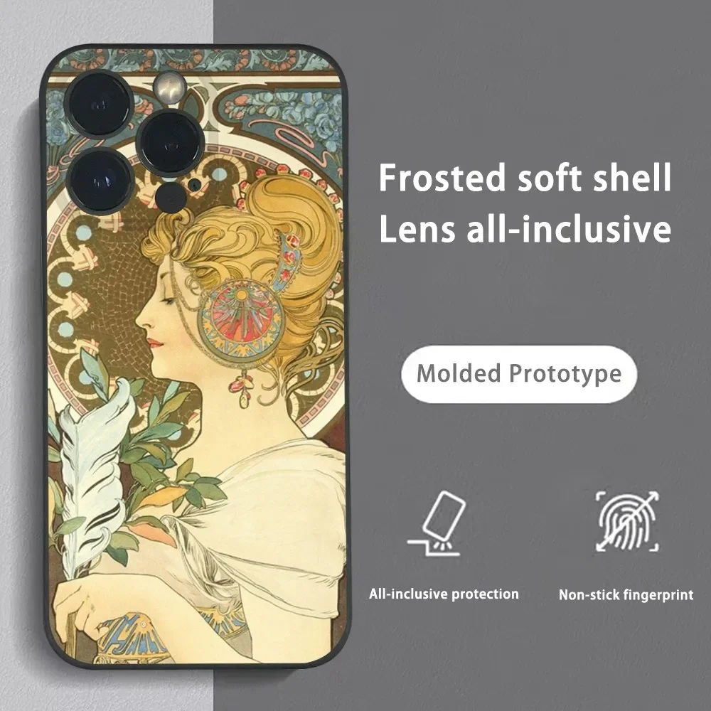 Alphonse Mucha Art Phone Case For IPhone 16 15 14 13 12 11 Pro Max Plus Mini Frosted Soft Shell Funda