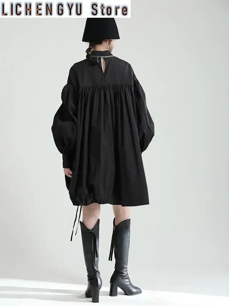 

Women Balck Irregular Drawstring Big Size Dress New Stand Collar Long Sleeve Loose Fit Fashion Spring Autumn