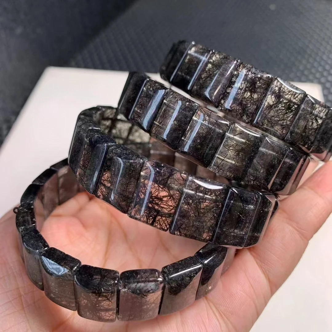 Natural Black Rutilated Quartz Clear Rectangle Beads Bracelet 14mm Women Men Wealthy Rutilated From Brazil Wealthy Stone AAAAAA