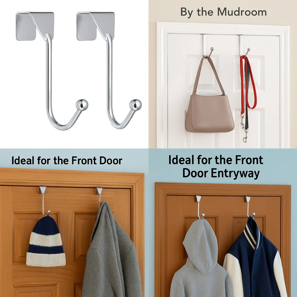 

Hook behind the door2 Pack Door Hooks Chrome Metal Hanger for Robe Towel Hat Bag Over Door Organizer Space Saving Closet Storage