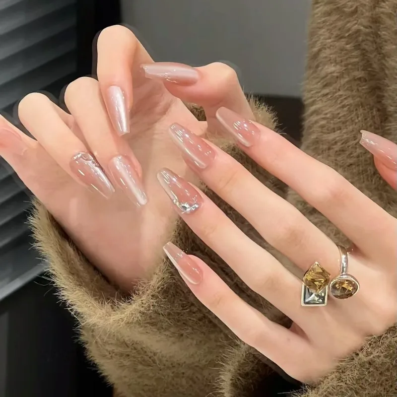 

10pcs Fake Nails Nude Crystal Edge Rhinestone Gel Polish Cat Eye Elegant Side Sparkle Press-on Nails Perfect for Gift To Women