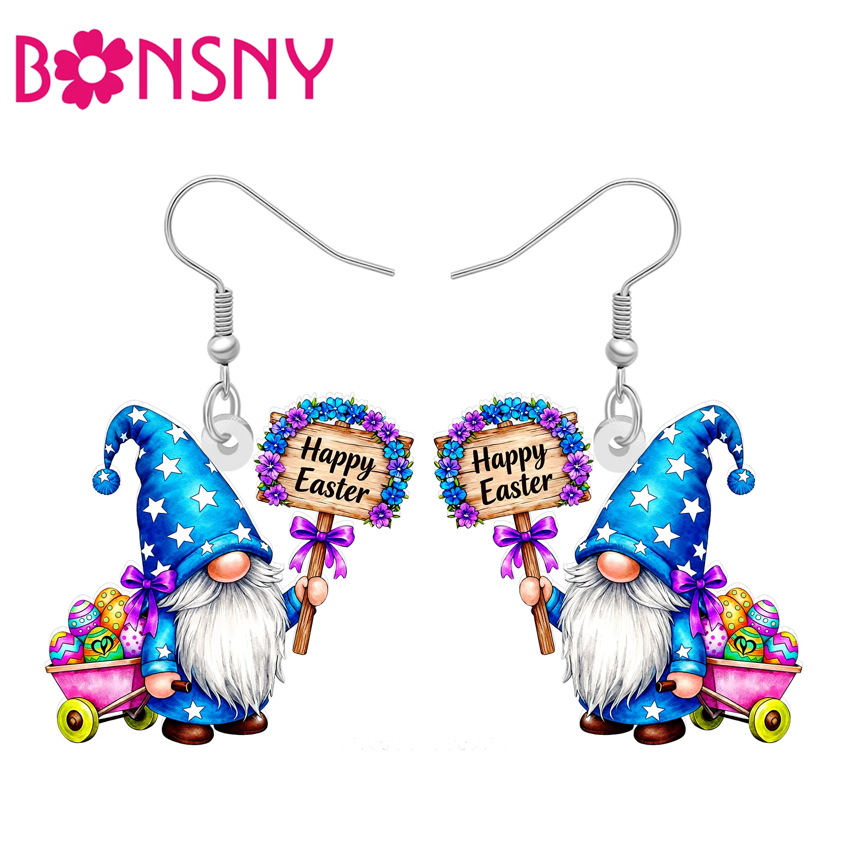 BONSNY Acrylic Happy Easter Eggs Gnomes Dangle Earrings Holiday Colorful Egg Dwarf Spring Jewelry Garden Gnome Gifts For Women