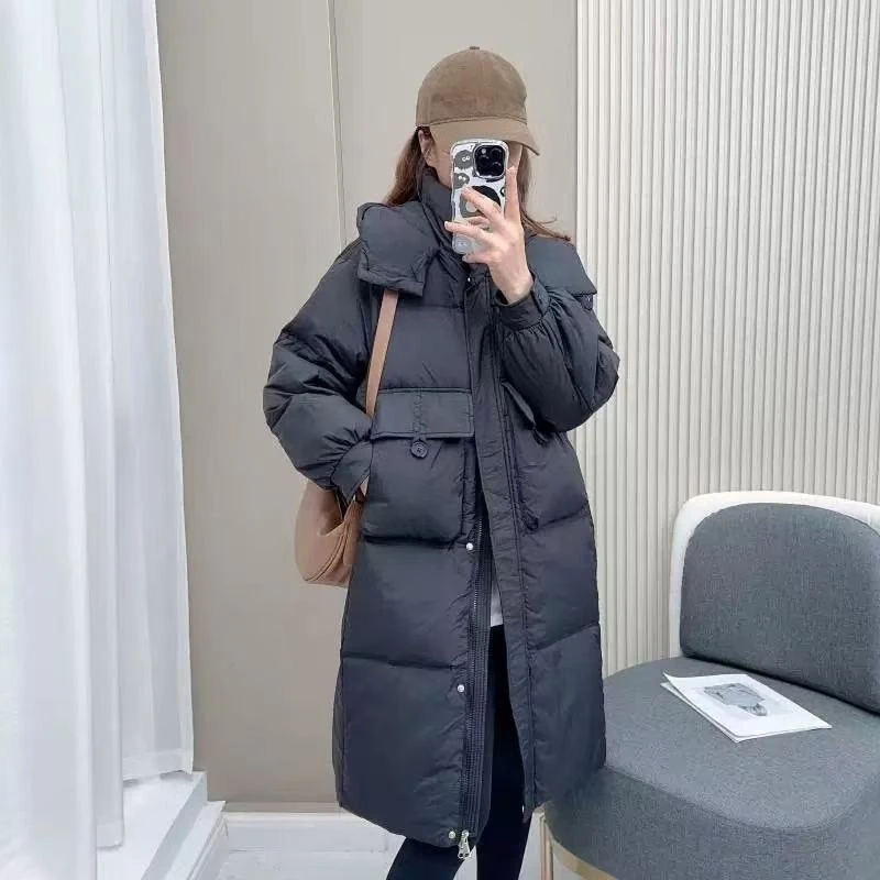 Women's Mid Length Hooded Down Coat 2025 New StyleThermal Jacket with Pockets Windproof Warmth for Outdoor Activities
