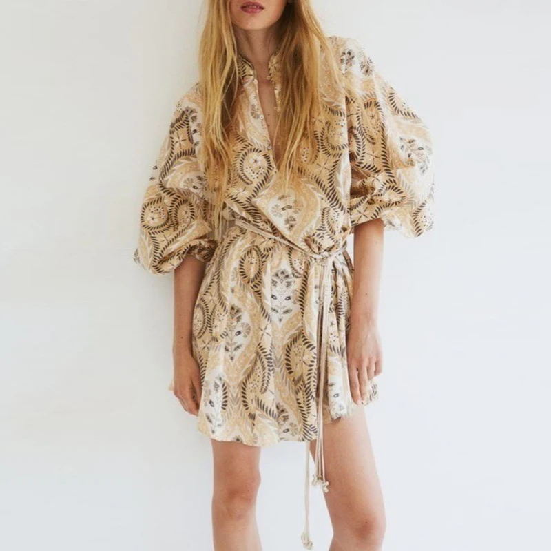 Women Fashion Stand Collar Pleat Loose Short Dress Elegant Hight Waist Lace-Up A-Line Dress Vintage Geometric Pattern Mini Dress