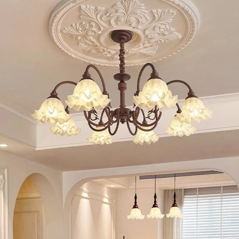 

French Lily Flower Glass Retro Ceiling Chandeliers Suitable For Living Room Medieval Restaurant Bedroom Aesthetic Pendant Lamps