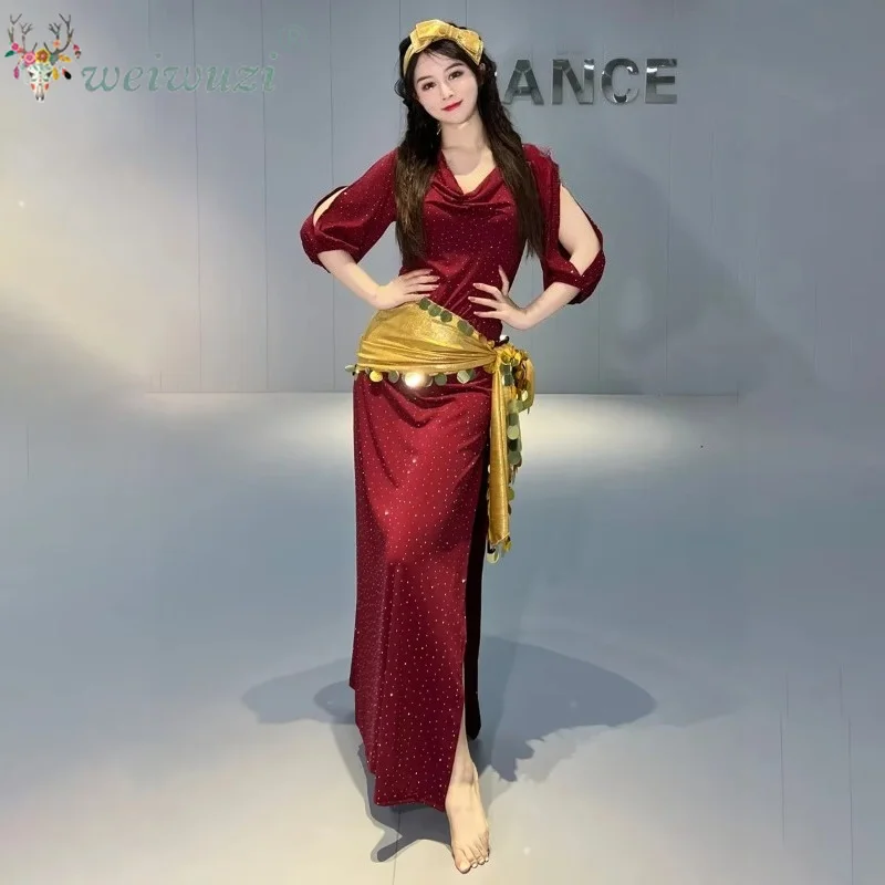 Shabbi Baladi Performance Roben Bauchtanz Performance Kostüm Set für Frauen halbe Ärmel Baumwolle Robe + Kopfschmuck + Gürtel 3 stücke