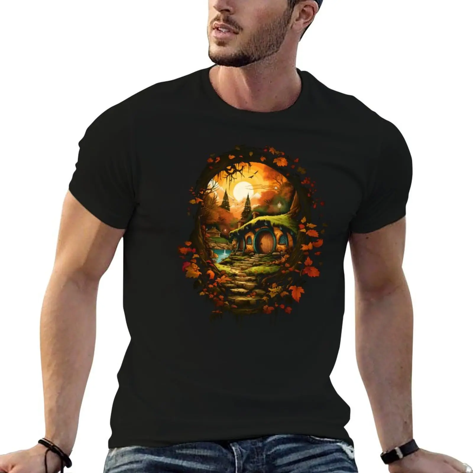A Halfling Hole in Autumn by Sunset - Fantasy T-Shirt sports fans kawaii clothes t shirt men 100℅ cotton