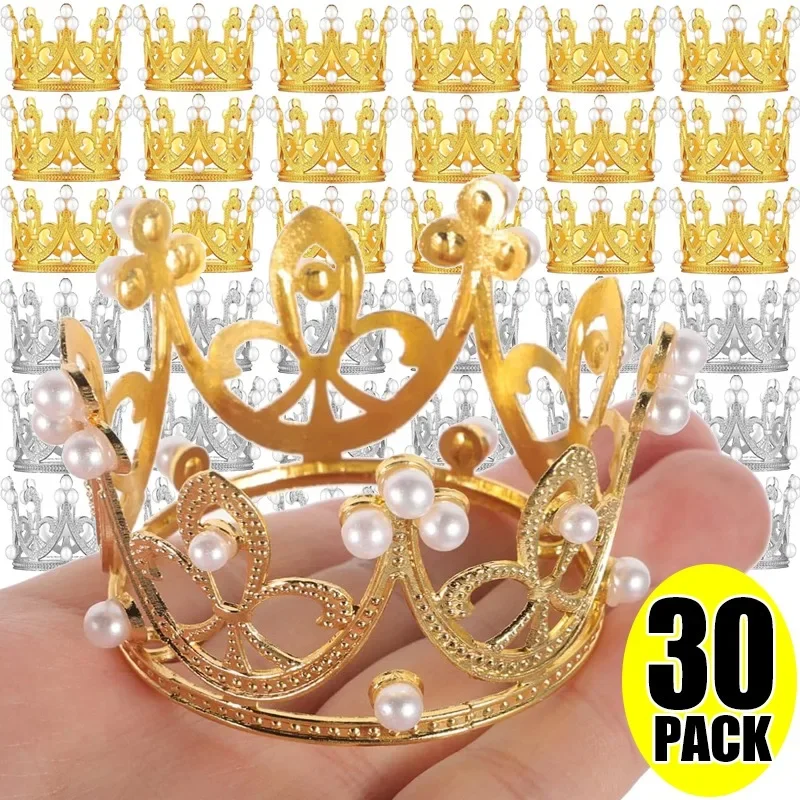 1/30PCS Crown Cake Decoration Gold Silver Pearl Crown Topper Mini Princess Headwear Decorations Birthday Wedding Decor Supplies