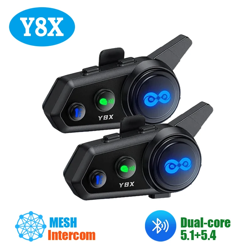 

Мотоциклетная беспроводная гарнитура-интерком Y8X для 8 человек, Mesh-интерком, водонепроницаемая, с функцией обмена музыкой, шумоподавлением, двухъядерным процессором 5.1+5.4, смешивание каналов