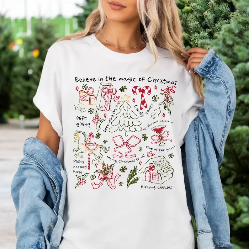 Retro Christmas Shirts for Women Christmas Cotton Shirt Believe in The Magic of Christmas Vintage Holiday New in Tops & Tees
