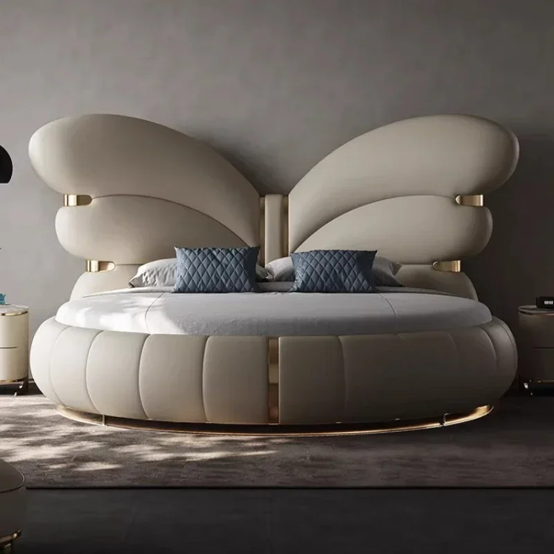 Letto Matrimoniale Furniture High End Genuine Leather Double Bed 200x200cm Modern Luxury Elegant Bed 2 People King Size Bedroom