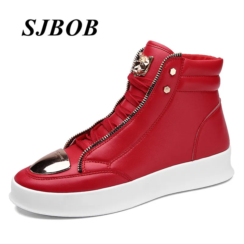 

2025 Fashion Red Men Skateboard Shoes Comfortable Leather Platform Men's High Top Sneakers Outdoor Anti-Slip Men Designer Shoes