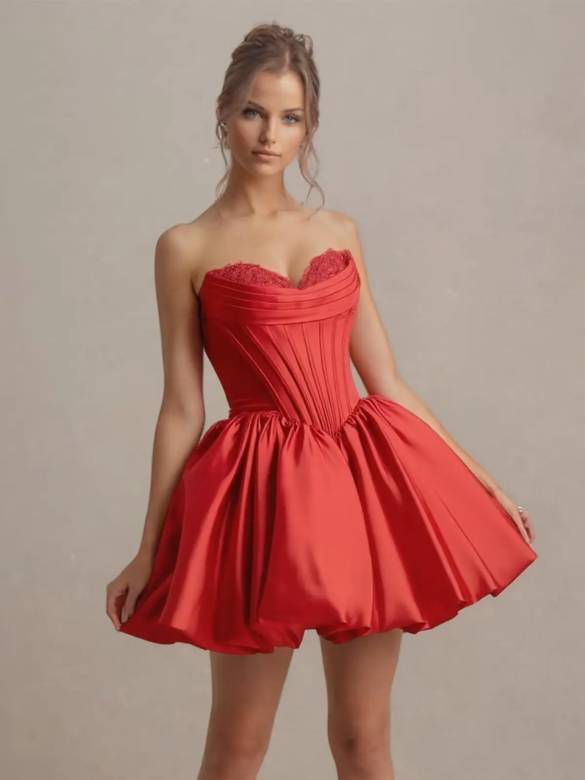 

Атласное кружевное платье для выпускного вечера с аппликацией для подростков, корсет без бретелек, короткое платье для выпускного вечера, пышное коктейльное платье с пузырьками