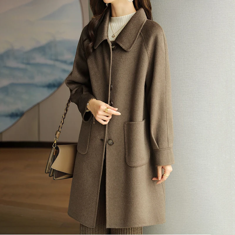 Female\'s Woolen Coats Jackets Lapel Wool Cardigan Long Sleeve Coat For Women 2024 New Ins Casual Commuter Overcoat Streetwear