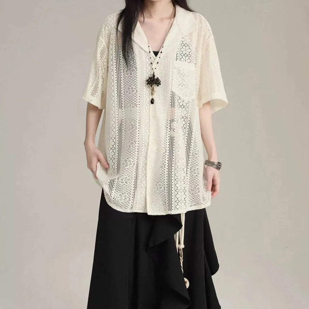 2026 Summer New Unisex Hollow-Out Short-Sleeve Shirt Retro Fashion Trendy High Street Casual Breathable Loose Niche Unisex Top