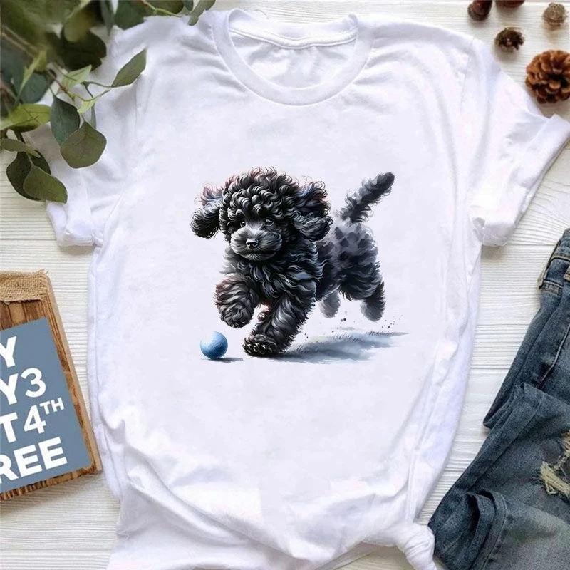 Black Poodle Puppy Animal Printed Tshirt Girls Kawaii Dog Lover T Shirt Women Harajuku Shirt Summer Fashion T-Shirt Female Y2K