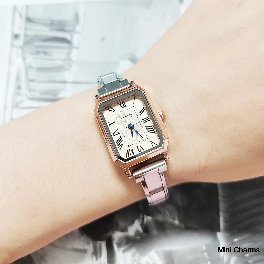 

Tide Нежный ремешок из нержавеющей стали, ширина 9 мм, кварцевые часы для женщин и мужчин, модный дизайн, квадратные наручные часы, подарок на день рождения для пары