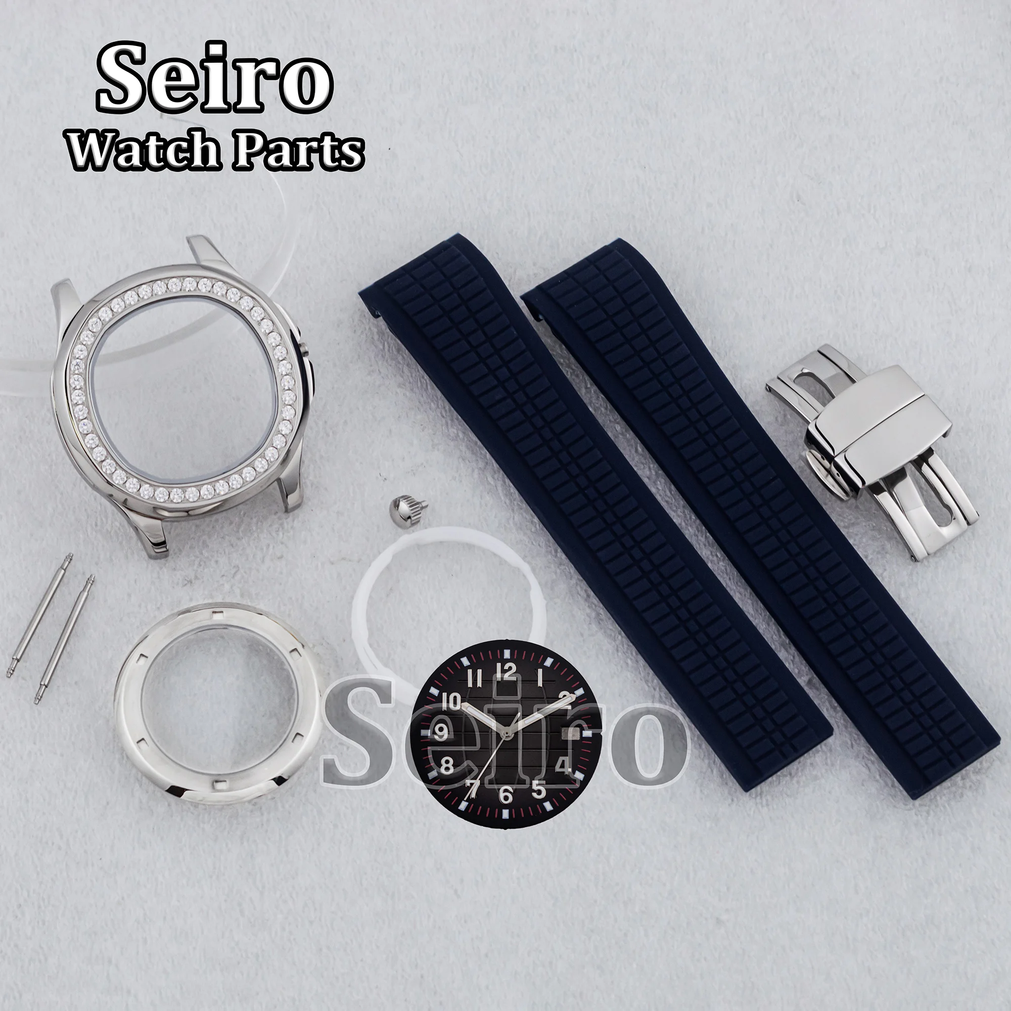 42mm Diamond Watch Case Stainless Steel Blue Rubber Strap For AQUANAUT Nautilus NH35/NH35/NH38 Movement 32mm Luminous Dial Hands