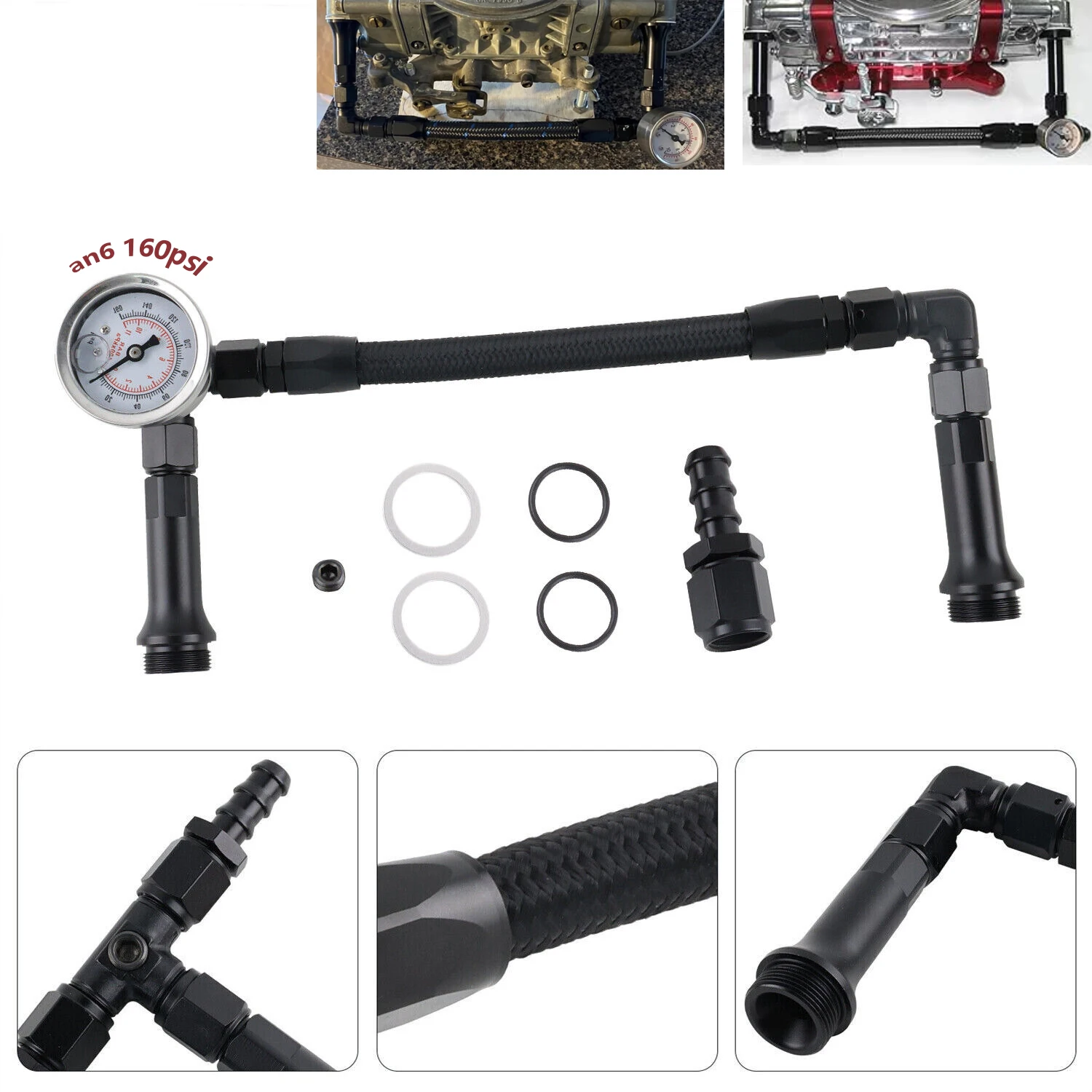 Braided AN6 Dual Feed Carb Fuel Line Double Pump for Holley 4150 Carburetor with Vacuum Pressure Gauge