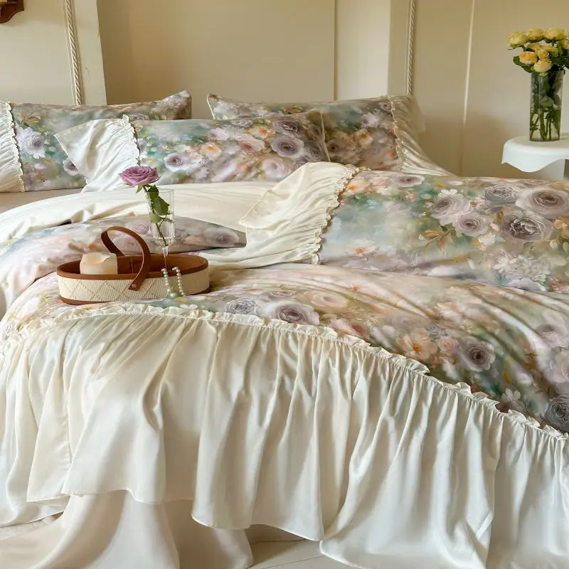 Rose Flowers Print Large Ruffles Princess Bedding Set 1000TC Egyptian Cotton Duvet Cover Bed Sheet/Fitted Sheet Pillowcases 4Pcs