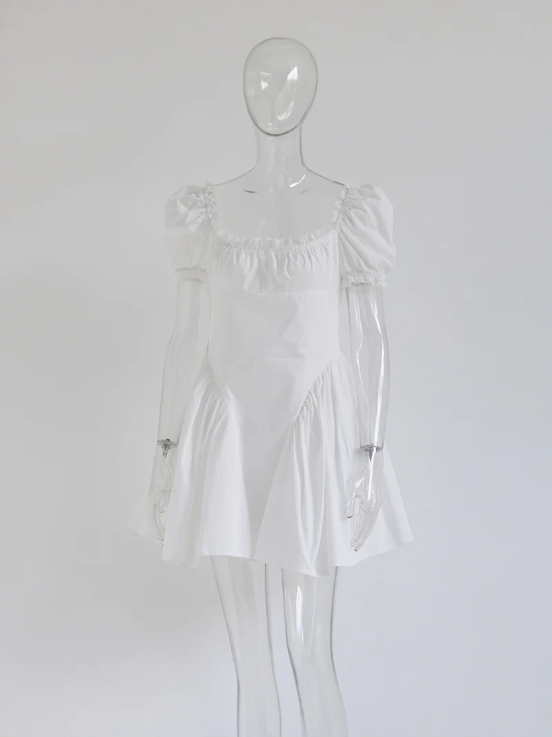 2025 Abito da donna estivo moda pizzo bianco maglia pizzo collo quadrato manica corta mini abito casual Boho Beach abiti femminili