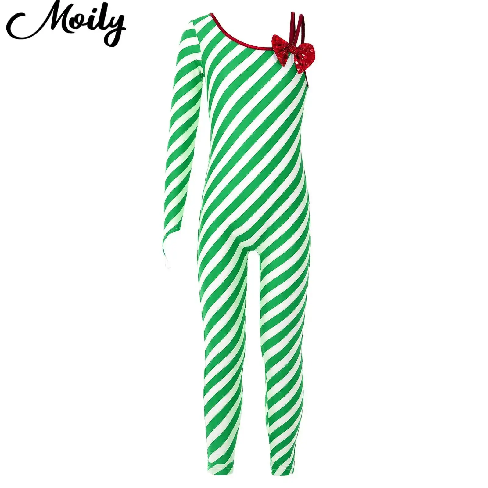 

Kids Girls Xmas Candy Cane Cosplay Jumpsuit Unitard Christmas Costume Ballet Dancing Leotard Shiny Bowknot Striped Bodysuit