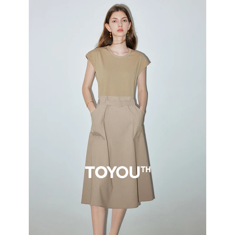 

TOYOUTH Women Sleeveless Dress 2024 Summer New Spliced Casual Style Silk Cotton Pocket Mid length Dress With Waistband Coffee