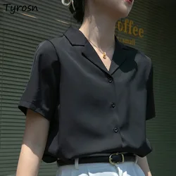 Shirts Women Solid Design Elegant Tender Chic Basic Turn-down Collar Leisure Loose Daily Summer Korean Style Cozy Stylish Girls
