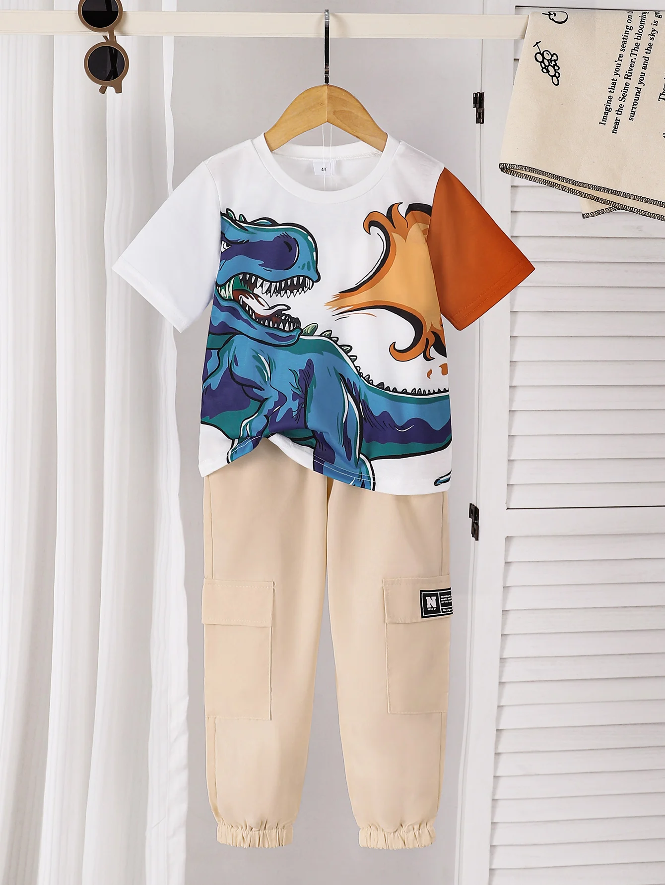 Summer  4-7  Years  Old  Cool  Boys  Dinosaur Print  Short-Sleeved Top  And  Pants Casual  2-Piece  Set
